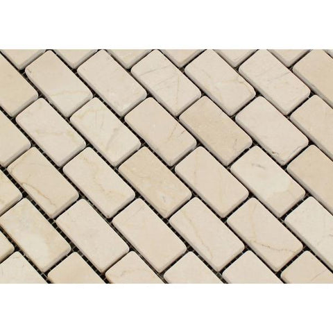 1 x 2 Tumbled Crema Marfil Marble Brick Mosaic Tile.