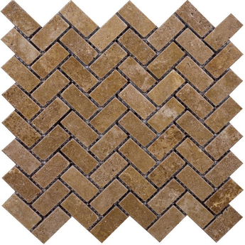 Noce Travertine 1x2 Herringbone Tumbled Mosaic Tile.