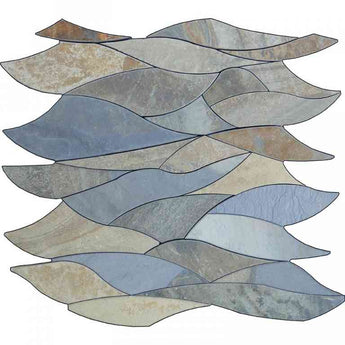 Multicolor slate mosaic tile from WATERJET Picasso 1 by MosaicBros.com, featuring vibrant, multicolored stone pieces arranged in a mosaic pattern.