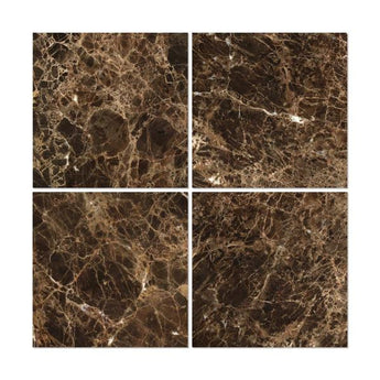 Polished 18x18 Emperador Dark marble field tile showing deep brown and beige veining, ideal for elegant flooring or wall applications.
