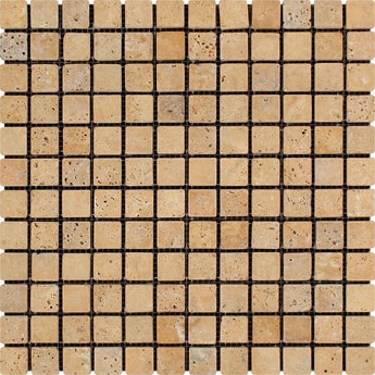 1 x 1 Tumbled Gold Travertine Mosaic Tile.