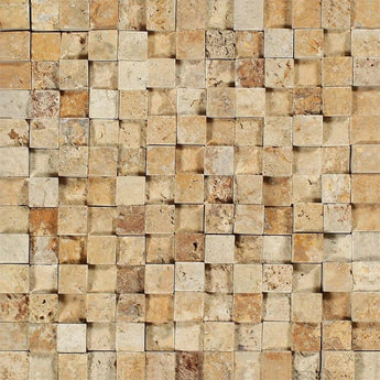 1 x 1 Split-faced Gold Travertine 3-D Mosaic Tile.