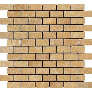 1 x 2 Tumbled Gold Travertine Brick Mosaic Tile.