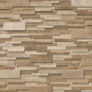 Ivory & Noce Travertine Blend 6x24 Stacked Stone Ledger Panel.