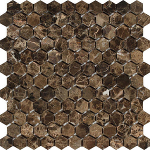 1 x 1 Polished Emperador Dark Marble Hexagon Mosaic Tile.