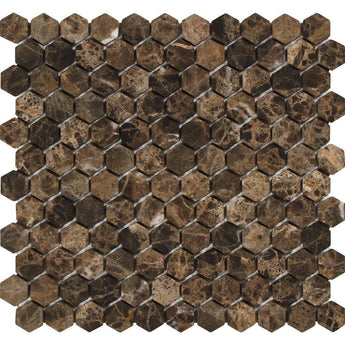 1 x 1 Tumbled Emperador Dark Marble Hexagon Mosaic Tile.