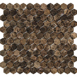1 x 1 Tumbled Emperador Dark Marble Hexagon Mosaic Tile.