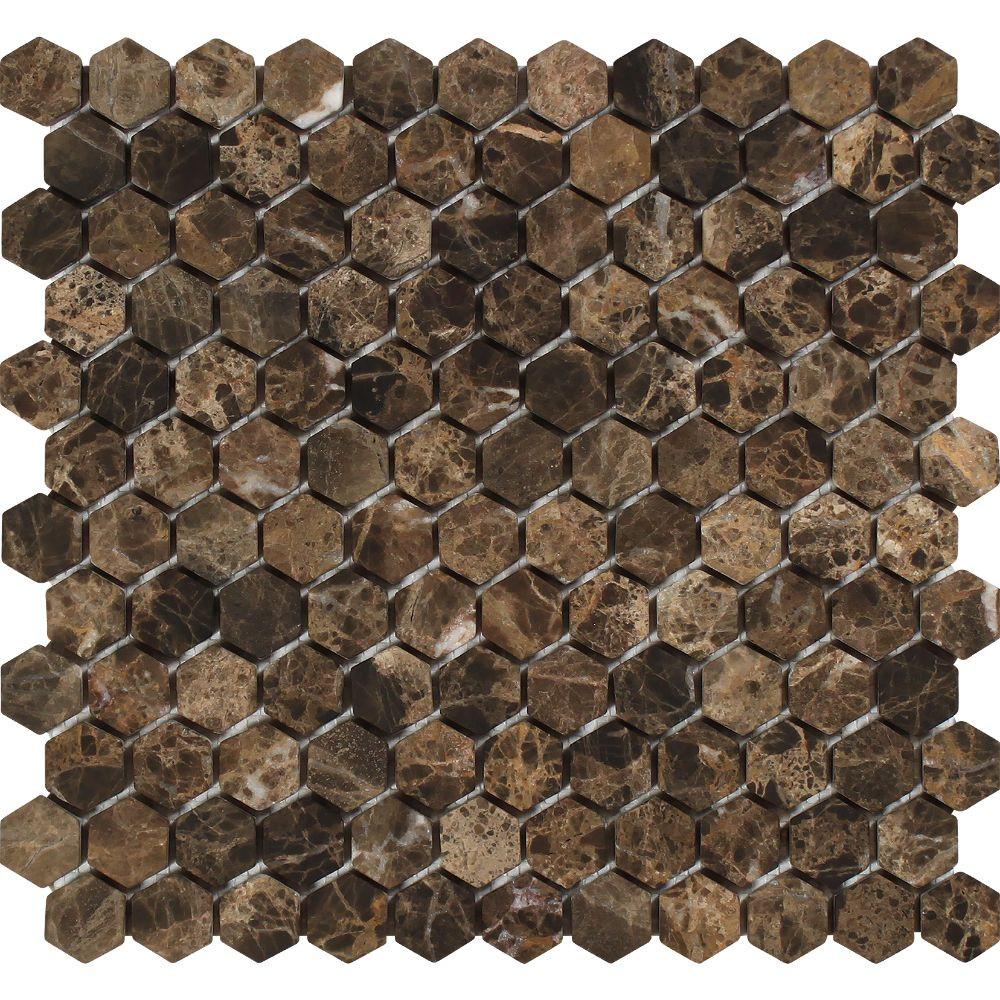 Gray Brown Glass Mix Emperador Dark Marble 1x2 Brick Mosaic Tile - Kitchen Bath Backsplash