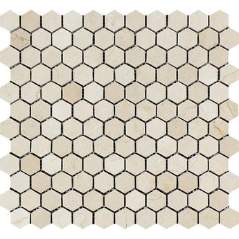 1 x 1 Polished Crema Marfil Marble Hexagon Mosaic Tile.