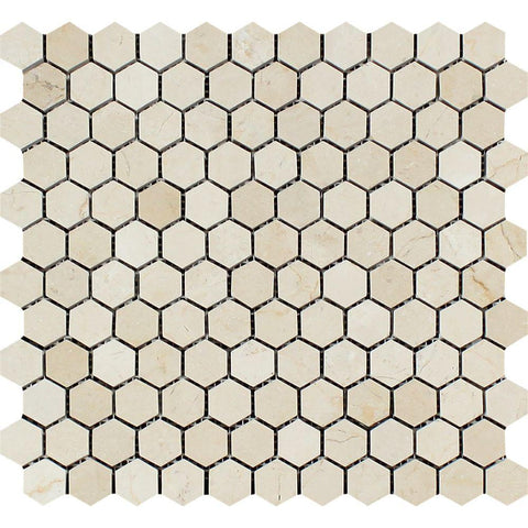 1 x 1 Polished Crema Marfil Marble Hexagon Mosaic Tile.