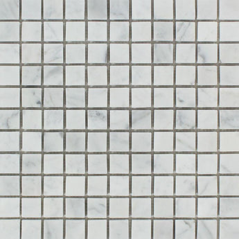 Honed Bianco Carrara marble mosaic tile with 1x1-inch square tiles, showcasing elegant white and gray veined marble pattern.