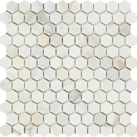1 x 1 Honed Calacatta Gold Marble Hexagon Mosaic Tile.