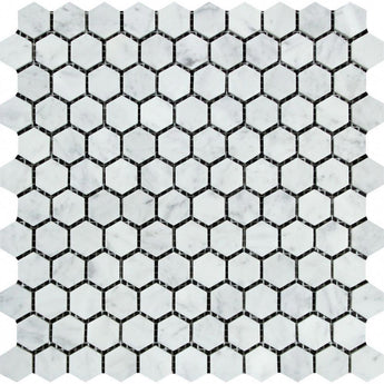 1X1 Honed Bianco Carrara Marble Hexagon Mosaic Tile.
