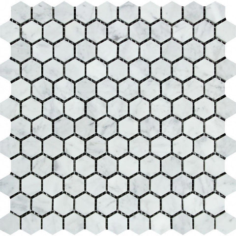 1 x 1 Honed Bianco Carrara Marble Hexagon Mosaic Tile.