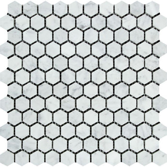 1 x 1 Polished Bianco Carrara Marble Hexagon Tile Mosaic.