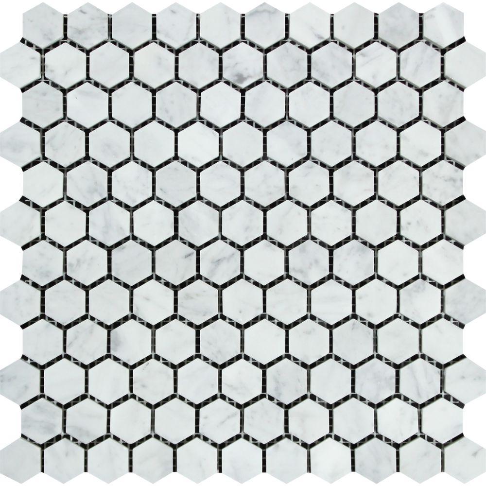 1 x 1 Polished Bianco Carrara Marble Hexagon Tile Mosaic.