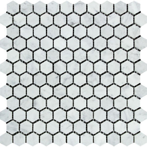1 x 1 Polished Bianco Carrara Marble Hexagon Tile Mosaic.