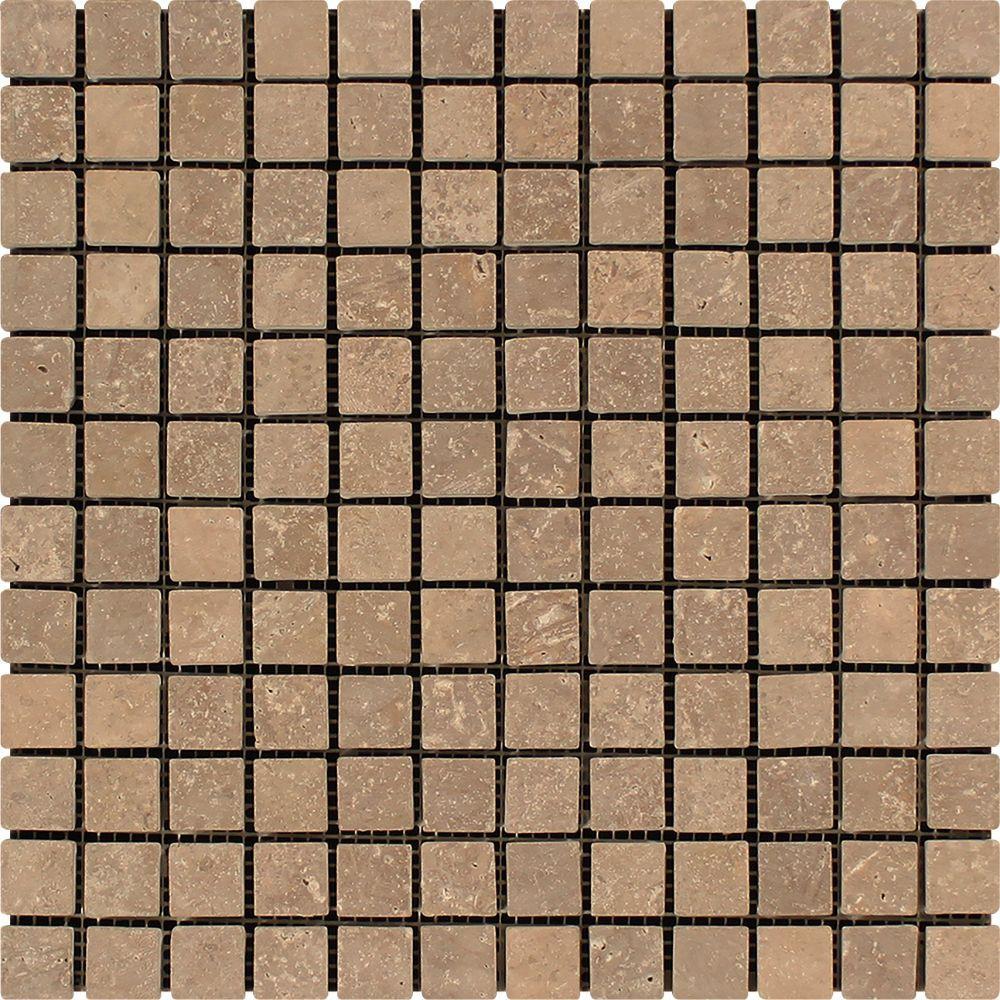 1 x 1 Tumbled Noce Travertine Mosaic Tile.