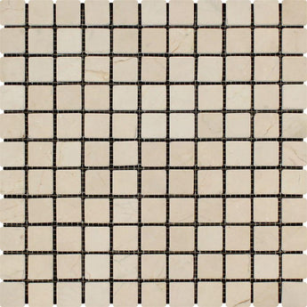 1 x 1 Tumbled Crema Marfil Marble Mosaic Tile.