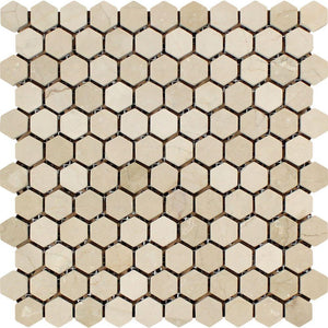 1 x 1 Tumbled Crema Marfil Marble Hexagon Mosaic Tile.