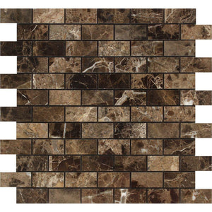 1 x 2 Polished Emperador Dark Marble Brick Mosaic Tile.