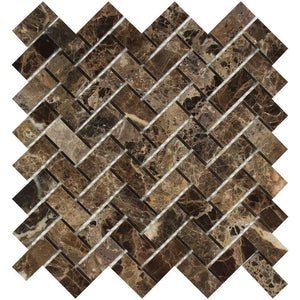 1 x 2 Polished Emperador Dark Marble Herringbone Mosaic Tile.