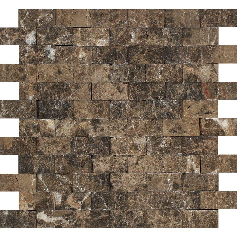 1 x 2 Split-faced Emperador Dark Marble Brick Mosaic Tile.