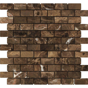 1 x 2 Tumbled Emperador Dark Marble Brick Mosaic Tile.