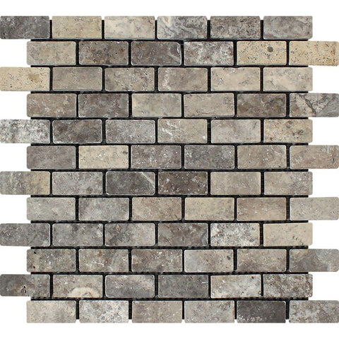 1 x 2 Tumbled Silver Travertine Brick Mosaic Tile.