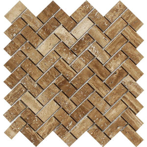 1 x 2 Unfilled Brushed Noce Exotic (Vein-Cut) Travertine Herringbone Mosaic Tile.