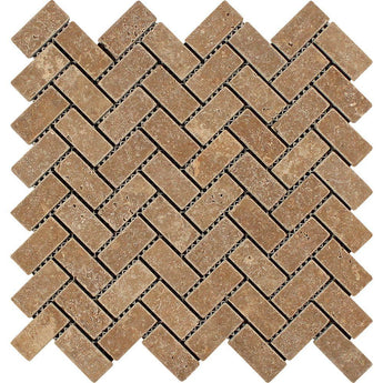 1 x 2 Tumbled Noce Travertine Herringbone Mosaic Tile.