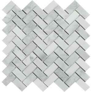 1 x 2 Honed Bianco Mare Marble Herringbone Mosaic Tile.