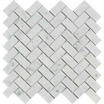 1 x 2 Honed Bianco Carrara Marble Herringbone Mosaic Tile.