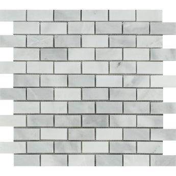 Honed Bianco Mare marble mosaic tile with 1x2 inch rectangular pieces, featuring a smooth, white and grey natural stone finish.