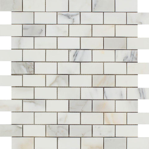 1 x 2 Polished Calacatta Gold Marble Brick Mosaic Tile.