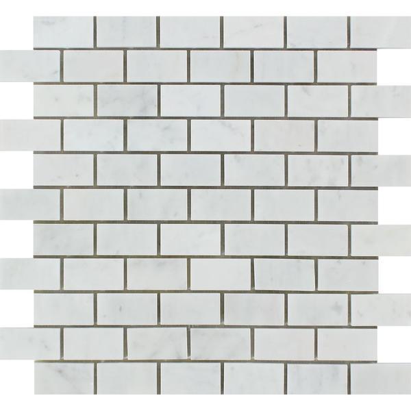 1 x 2 Polished Bianco Carrara Marble Brick Mosaic Tile.
