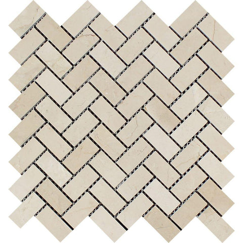 1 x 2 Polished Crema Marfil Marble Herringbone Mosaic Tile.