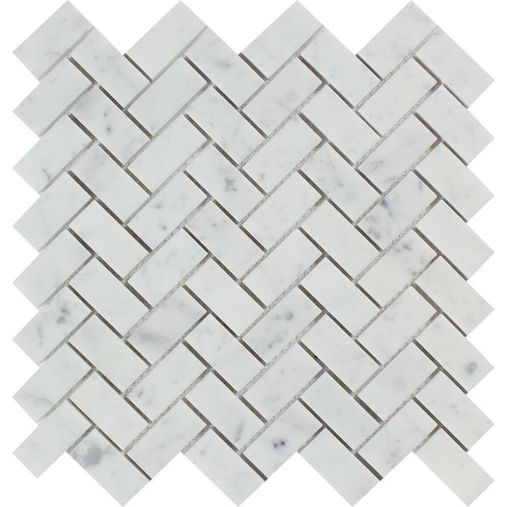 1 x 2 Polished Bianco Carrara Marble Herringbone Mosaic Tile.