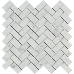 1 x 2 Polished Bianco Carrara Marble Herringbone Mosaic Tile.