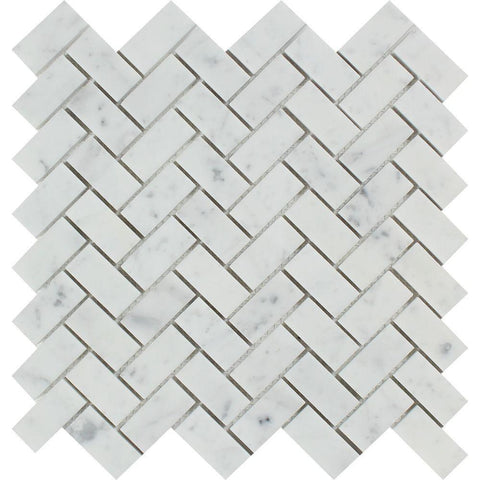 1 x 2 Polished Bianco Carrara Marble Herringbone Mosaic Tile.