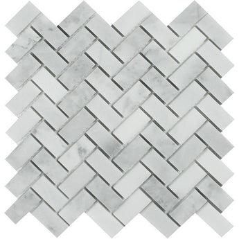 1 x 2 Polished Bianco Mare Marble Herringbone Mosaic Tile.