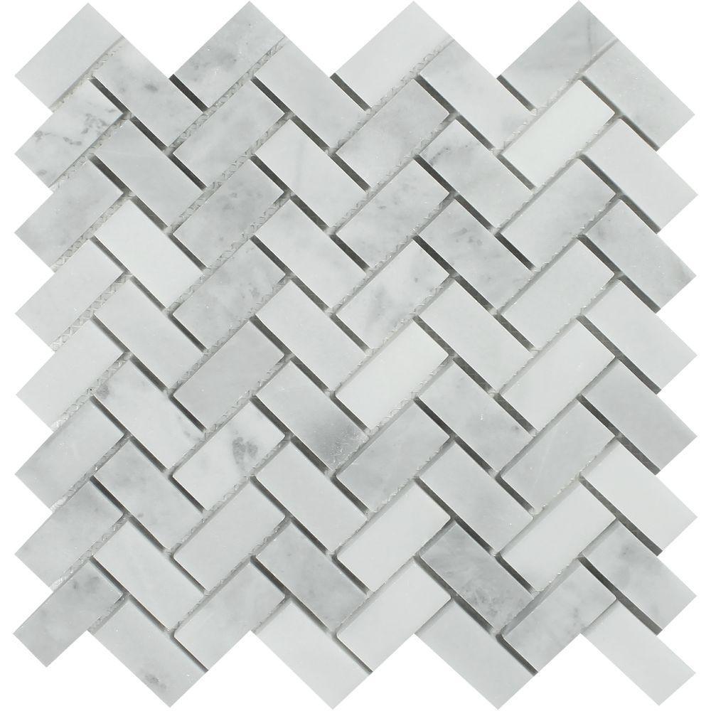 1 x 2 Polished Bianco Mare Marble Herringbone Mosaic Tile.