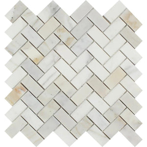 1 x 2 Polished Calacatta Gold Marble Herringbone Mosaic Tile.