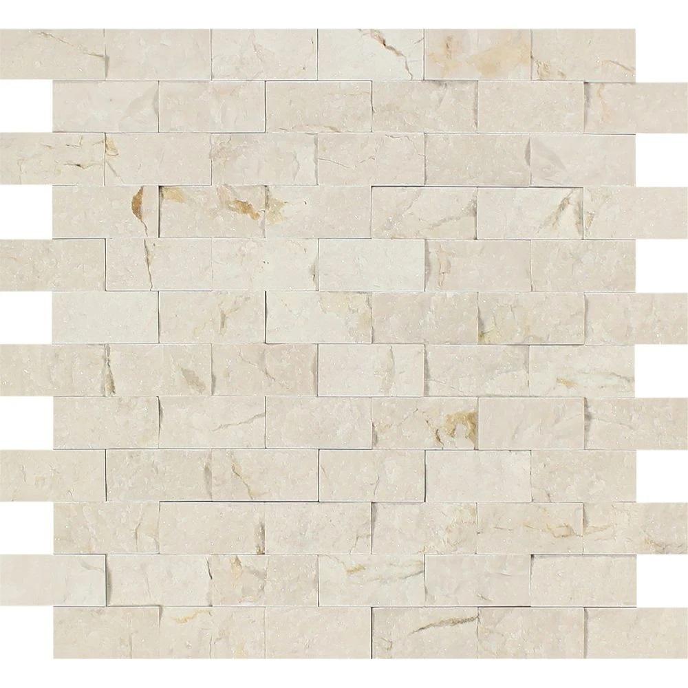 1 x 2 Split-faced Crema Marfil Marble Brick Mosaic Tile.