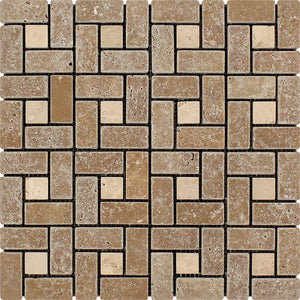 1 x 2 Tumbled Noce Travertine Large Pinwheel Mosaic Tile w/ Ivory Dots.