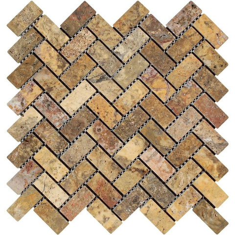 1 x 2 Tumbled Scabos Travertine Herringbone Mosaic Tile.