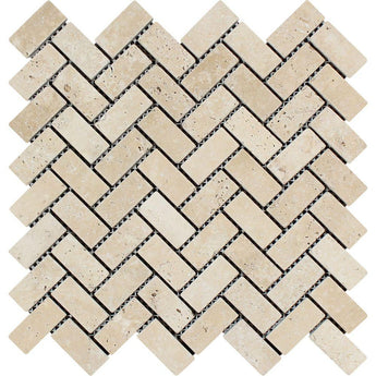 1 x 2 Tumbled Ivory Travertine Herringbone Mosaic Tile.
