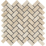 1 x 2 Tumbled Ivory Travertine Herringbone Mosaic Tile.