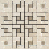 1 x 2 Tumbled Ivory Travertine Large Pinwheel Mosaic Tile w/ Noce Dots.