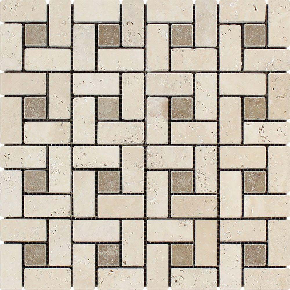 1 x 2 Tumbled Ivory Travertine Large Pinwheel Mosaic Tile w/ Noce Dots.